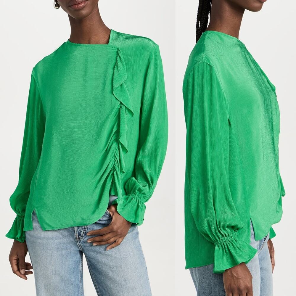 Rachel Comey NWT Liv Bright Kelly Green Crepe Texture Ruffle Long Sleeve Top